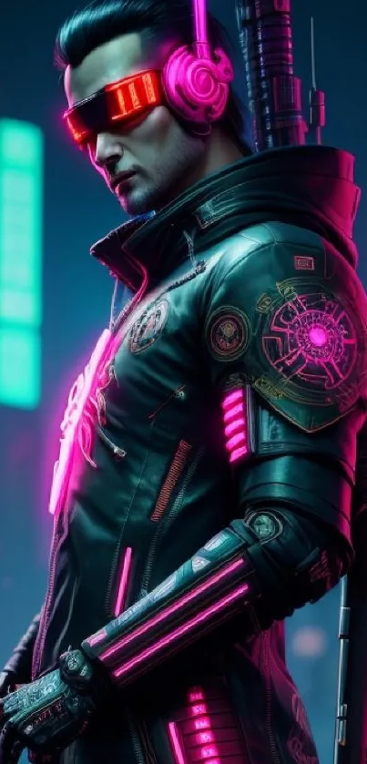 A cyberpunk warrior in neon-lit cityscape with vibrant magenta hues.