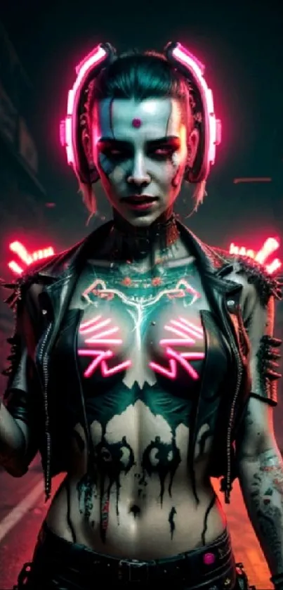 Futuristic cyberpunk warrior with neon lights in a vibrant city street.