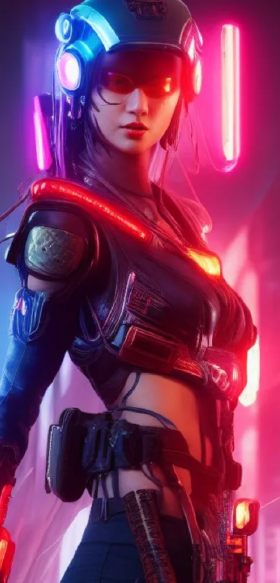 Futuristic neon cyberpunk warrior in a vibrant digital art style.