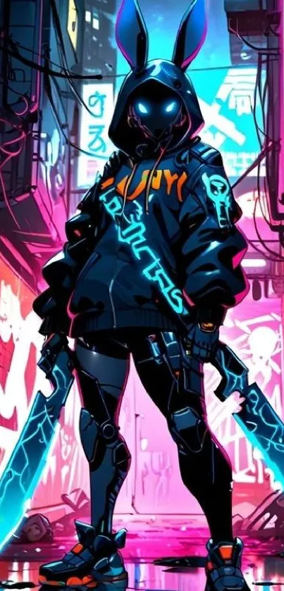Futuristic cyberpunk warrior in neon alleyway scene.