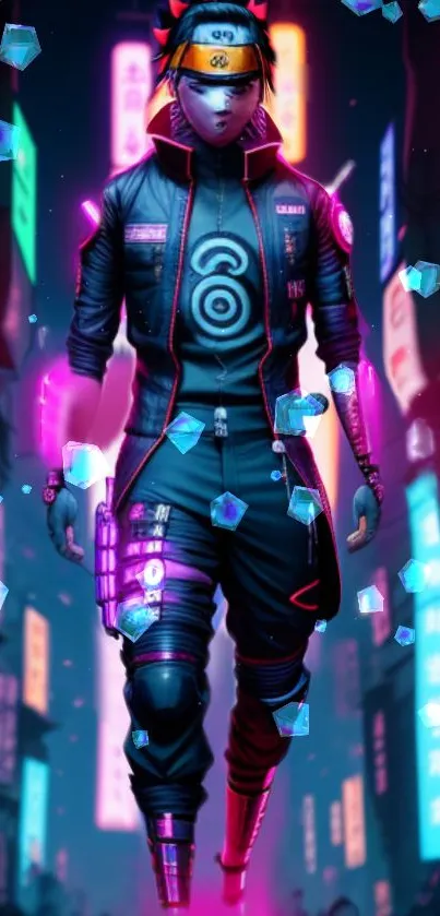 Cyberpunk neon warrior in futuristic cityscape wallpaper.