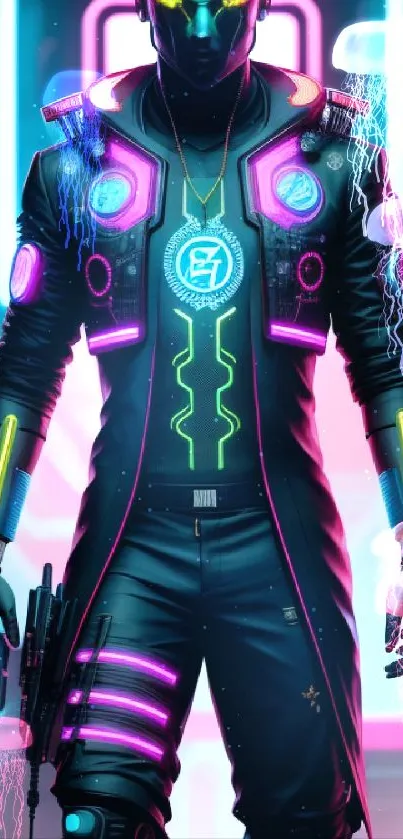 Neon-clad cyberpunk warrior in futuristic cityscape.