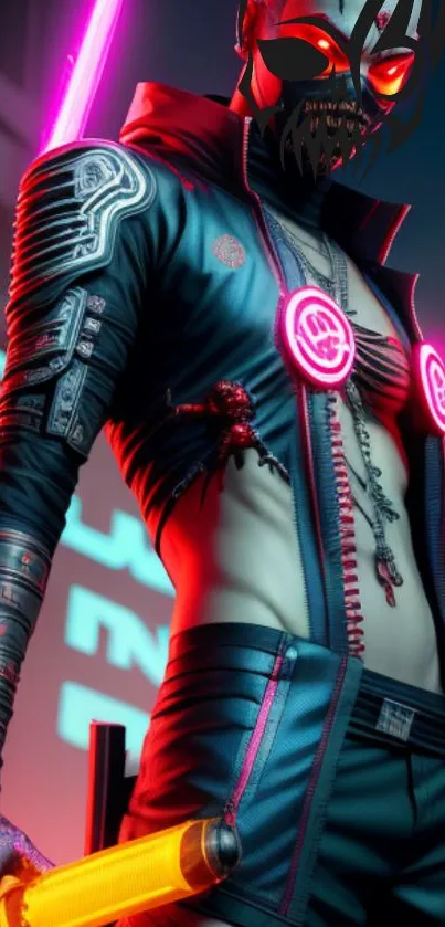 Cyberpunk warrior with neon lights and futuristic design.