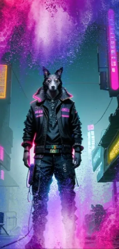 Cyberpunk wolf figure with neon lights in a vibrant urban setting.