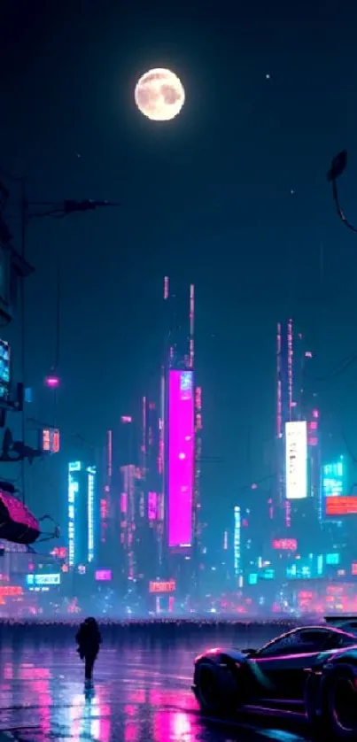 Cyberpunk city with neon lights at night.