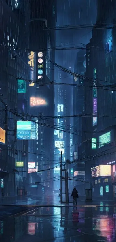 Cyberpunk cityscape with neon lights at night.