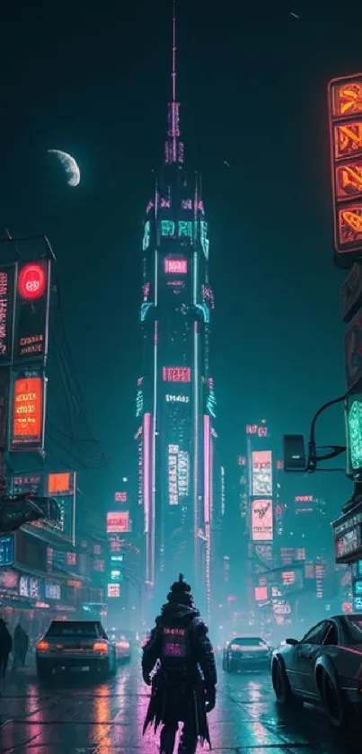 Cyberpunk night city with neon lights and futuristic skyscrapers.