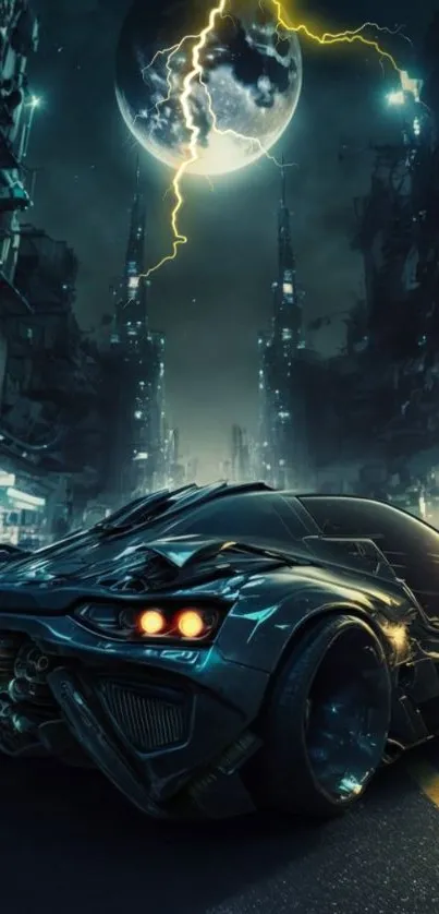 Futuristic car in a cyberpunk cityscape at night with stormy sky.