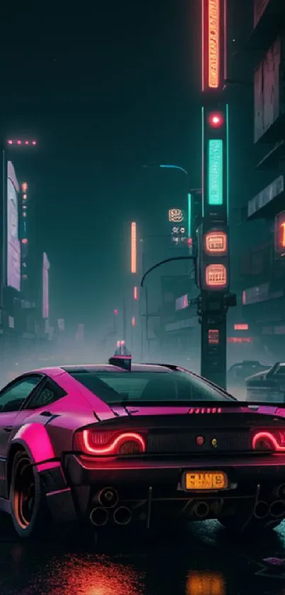 Cyberpunk car in neon-lit city street at night.