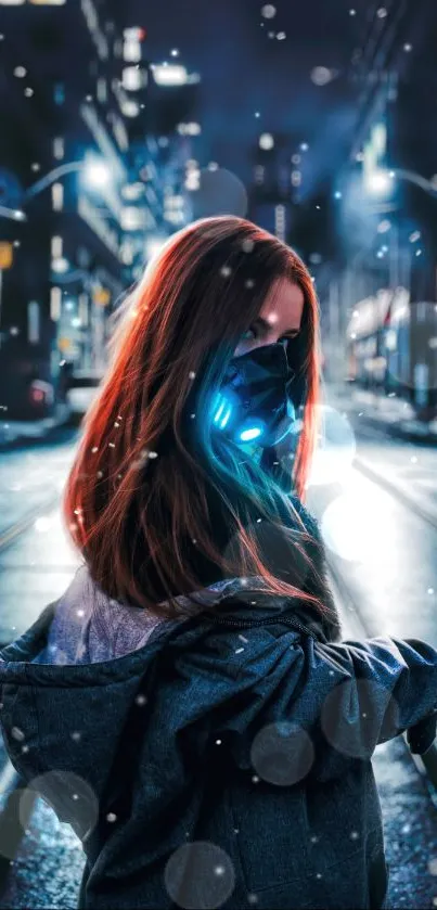 Cyberpunk wallpaper with neon lights and a masked figure in a city at night.