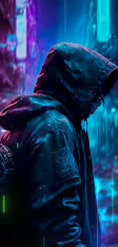 Hooded figure in neon-lit cyberpunk street scene.