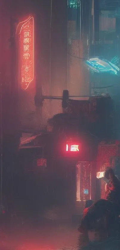 A cyberpunk cityscape glowing in neon lights at night.