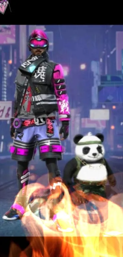 Cyberpunk character with panda and flames in a neon cityscape.