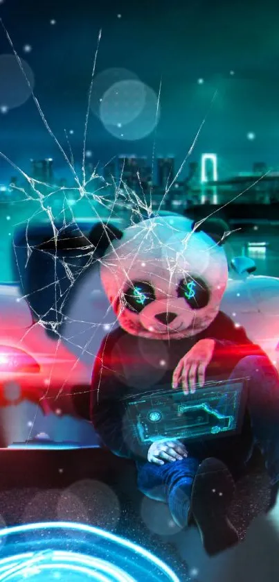 Cyberpunk panda with neon vibes in a futuristic cityscape.