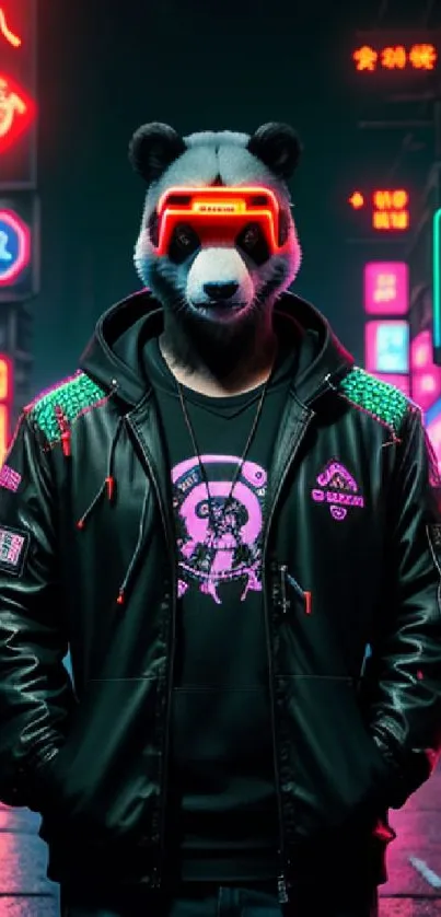 Cyberpunk panda wearing visor in neon-lit city scene.