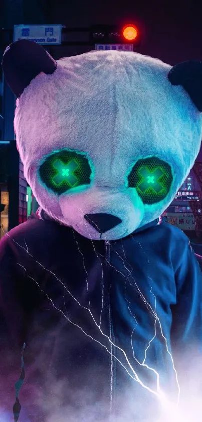 Cyberpunk panda with neon eyes in urban street setting.