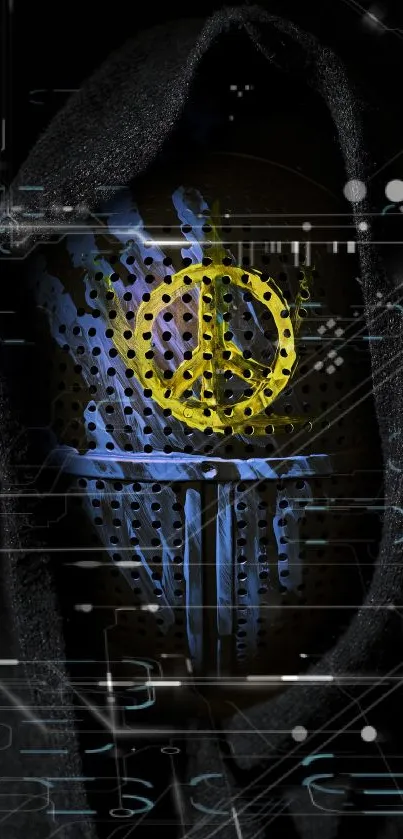 Cyberpunk wallpaper with peace symbol glowing on dark background.