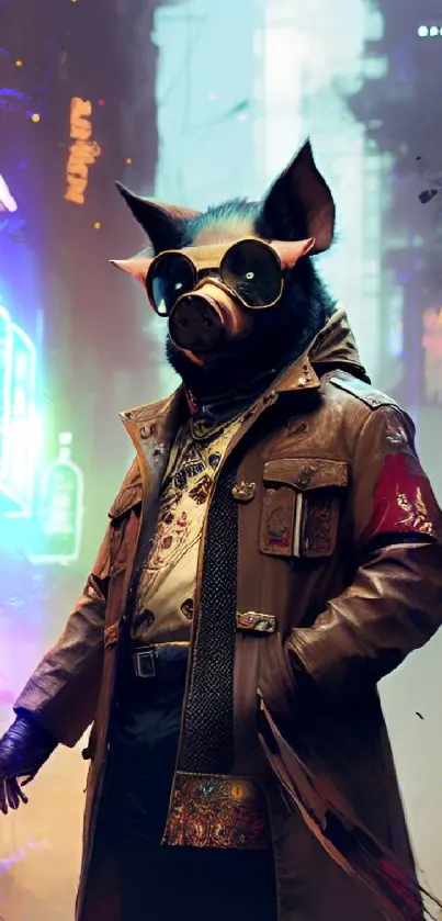 Cyberpunk pig with neon lights in urban setting.