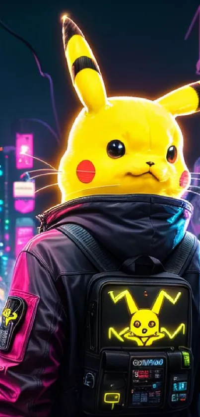 Pikachu in a cyberpunk neon city, creating a vibrant and futuristic mobile wallpaper.