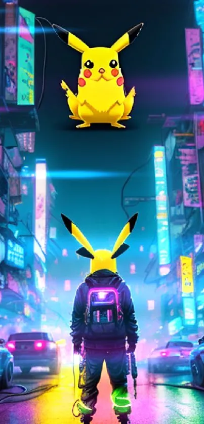 Pikachu stands in a neon-lit cyberpunk city street at night.