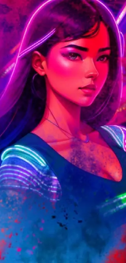 Cyberpunk-inspired artwork with vibrant neon colors and a futuristic female portrait.