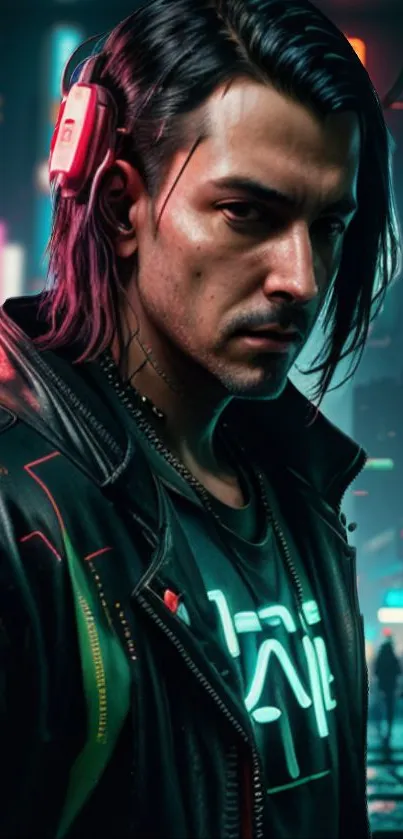 Futuristic cyberpunk portrait with neon lights and urban background.