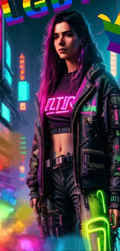 Cyberpunk cityscape with neon lights and LGBTQ pride theme.