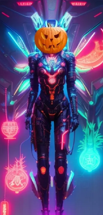 Cyberpunk soldier with pumpkin head in neon light.