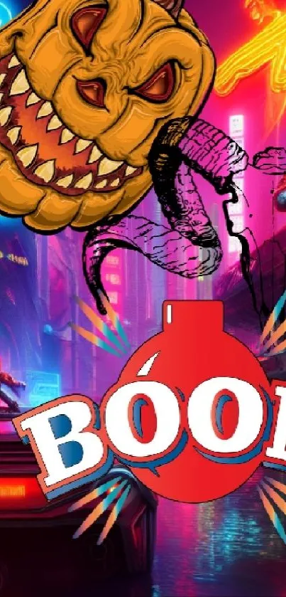 Cyberpunk wallpaper with neon city, pumpkin head, and pop art explosion.