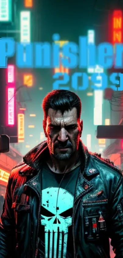 Cyberpunk Punisher 2099 in vibrant neon street.