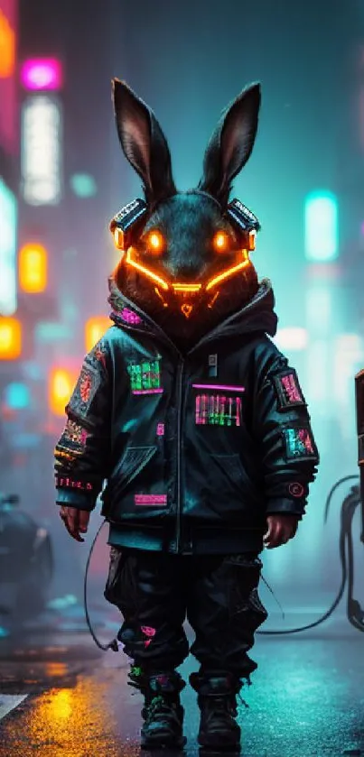 Vibrant cyberpunk rabbit with neon lights in futuristic city.