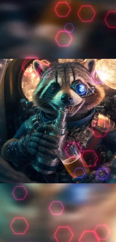 Futuristic raccoon with neon lights and cybernetic details in a sci-fi setting.