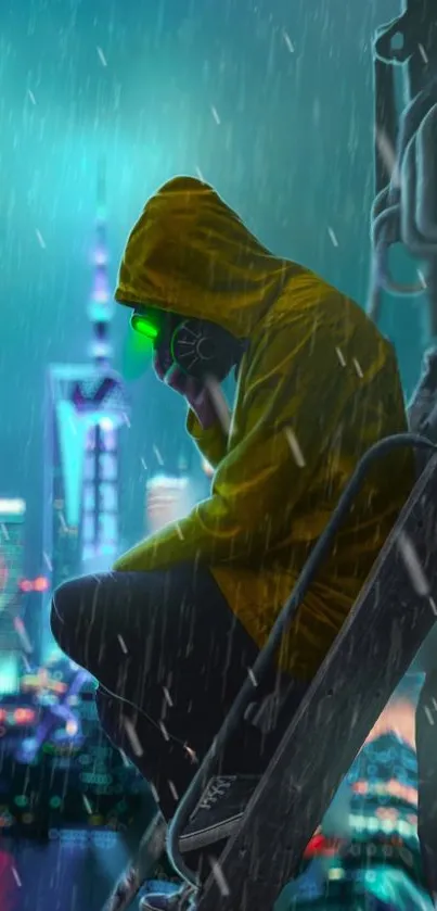 Hooded figure in cyberpunk city under rain.