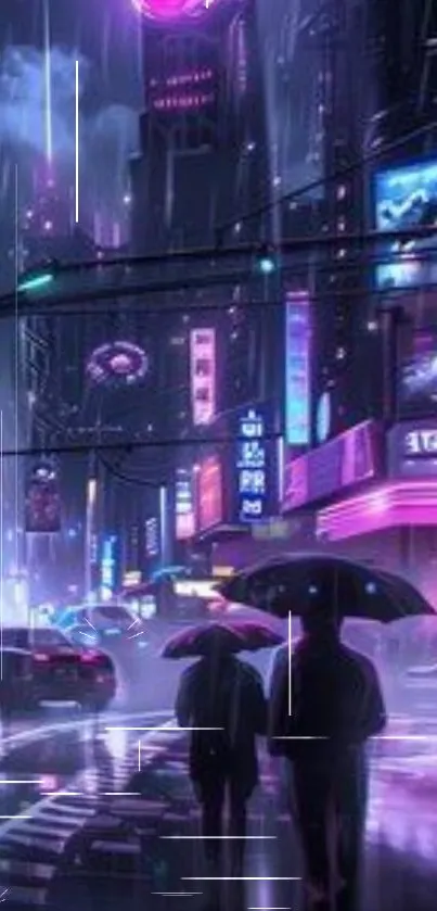 Cyberpunk cityscape with neon lights and rain-soaked streets under umbrellas.