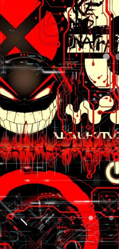 Cyberpunk wallpaper with red circuitry and a sinister smile design.