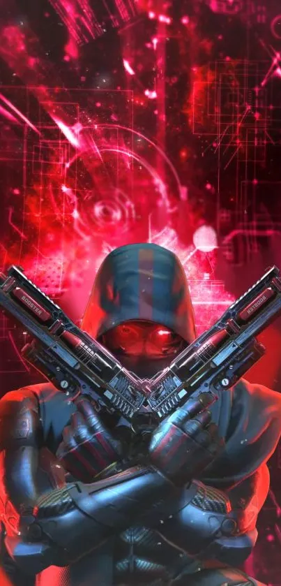 Cyberpunk hooded character with neon guns and digital background.