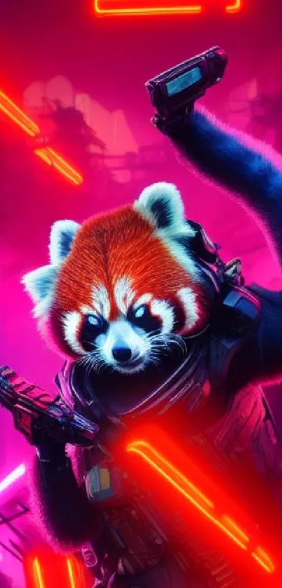 Cyberpunk red panda in vibrant neon urban scene