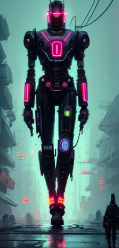 Vibrant cyberpunk scene with towering robot in neon-lit city.