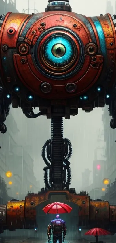 Giant robot in a cyberpunk city with red umbrella.