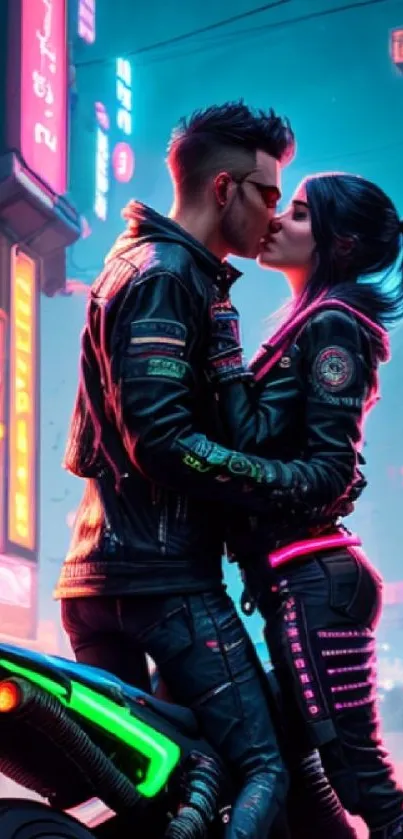 Couple in neon-lit cyberpunk city kissing on motorcycle.