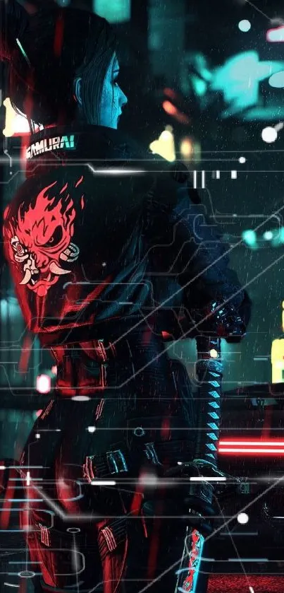 Cyberpunk samurai in neon-lit cityscape at night.