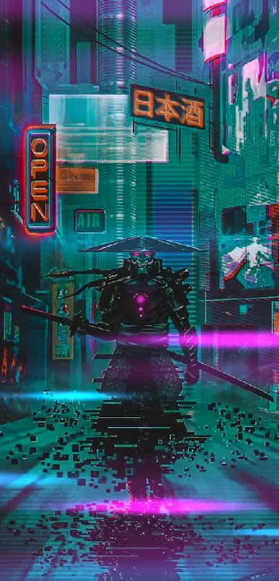 Cyberpunk samurai in neon-lit urban street.
