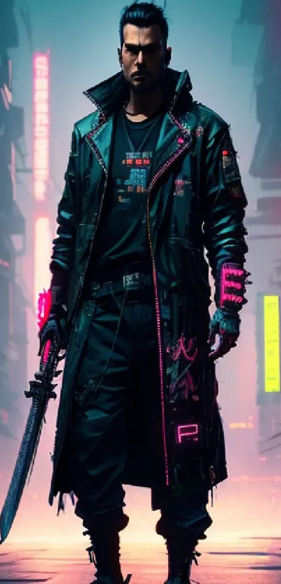 Cyberpunk warrior in neon-lit cityscape.