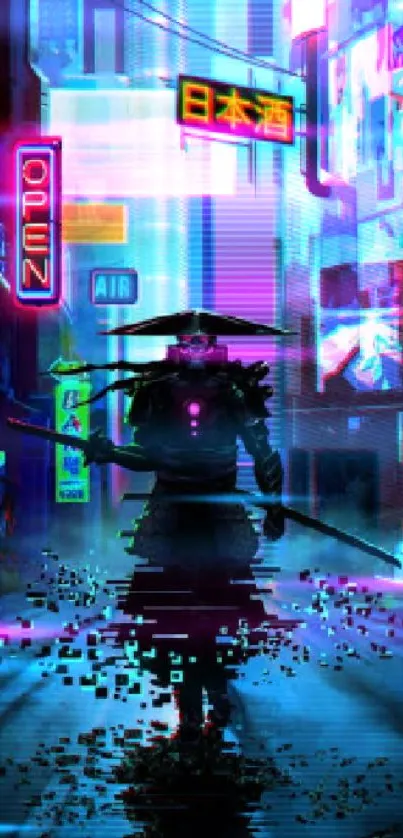 Cyberpunk samurai in neon-lit futuristic city scene.