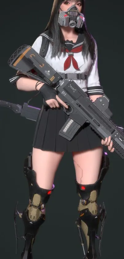 Anime-style schoolgirl with weapon in cyberpunk armor.