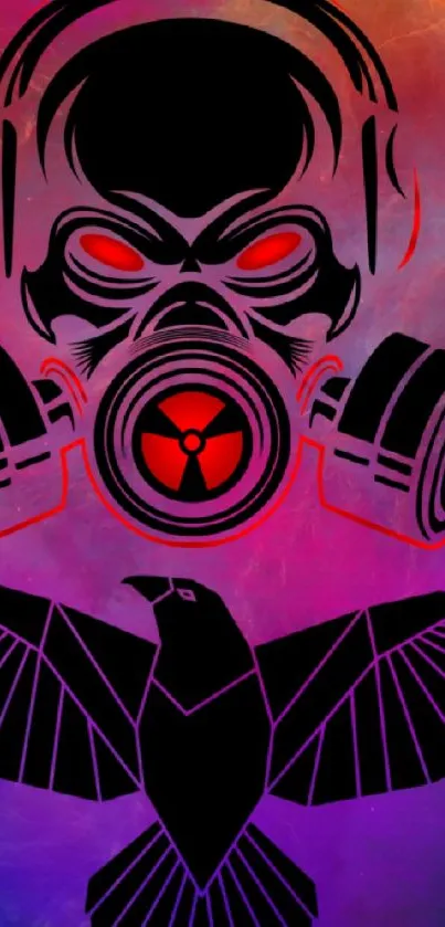 Futuristic cyberpunk wallpaper with gas mask and raven on a vibrant purple background.