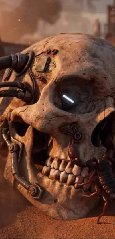 Cyberpunk skull with tubes in a sandy desert.