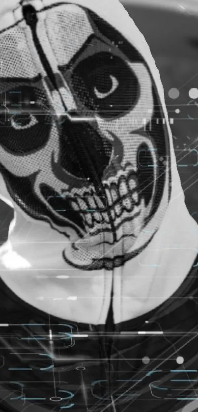 Futuristic skull mask with digital glitches in monochrome.