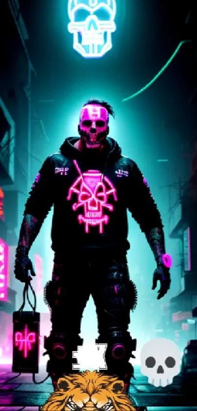 Cyberpunk cityscape with neon skull design.