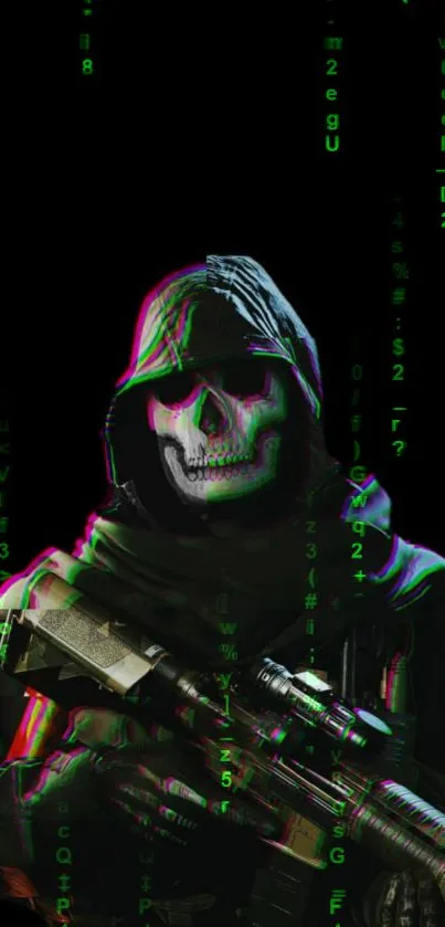 Cyberpunk skull soldier with digital code background on mobile wallpaper.